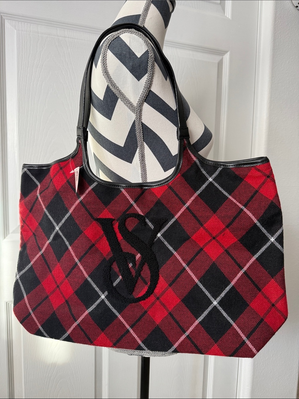 Victoria’s Secret Red & Black Plaid Tote Bag with VS Monogram Accent
